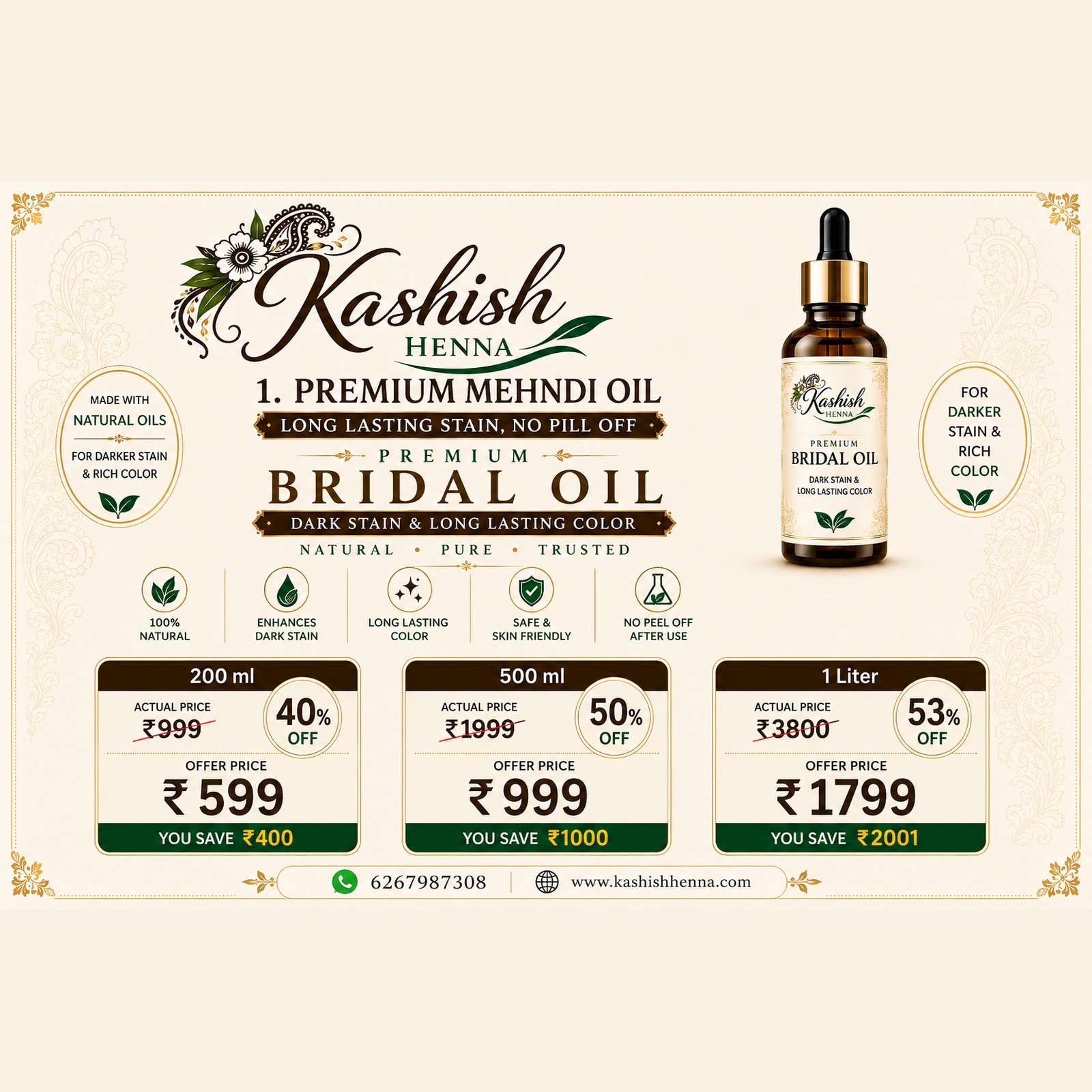 Premium Mehndi Oil (Long Lasting Stain , No Pill off )
